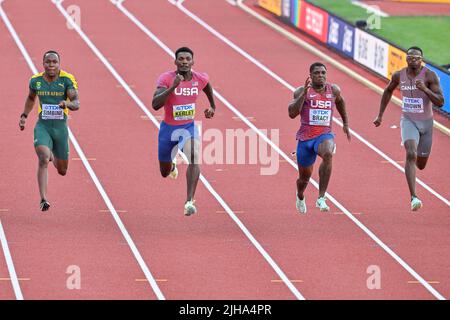 EUGENE, UNITED STATES - JULY 16: Akani Simbine of South Africa, Fred Kerley of USA, Marvin Bracy of USA, Aaron Brown of Canada competing on Men's 100 metres during the World Athletics Championships on July 16, 2022 in Eugene, United States (Photo by Andy Astfalck/BSR Agency) Atletiekunie Stock Photo