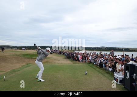 Fife, Scotland on July 16, 2022. Northern Ireland's Rory McIlroy hits his tee shot on the 12th hole during the third round of the 150th British Open Championship at St Andrews Old Course in Fife, Scotland on July 16, 2022. Credit: Koji Aoki/AFLO SPORT/Alamy Live News Stock Photo