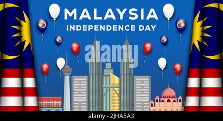 malaysia independence day illustration with malaysia landmark and realistic malaysian flags Stock Vector
