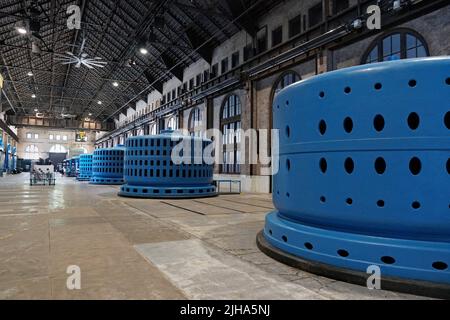Niagara Falls, Ontario, Canada - July 2022: Electricity generators inside a historic hydro-electric power plant Stock Photo