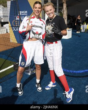 L-R) Lauren Chamberlain and Chloe Kim at the 2022 MLB All-Star Celebrity  Softball Game Media Availability held at the 76 Station - Dodger Stadium  Parking Lot in Los Angeles, CA on Saturday, ?