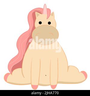 A chubby cute unicorn sits on its hind legs with a chic and lush mane Stock Vector