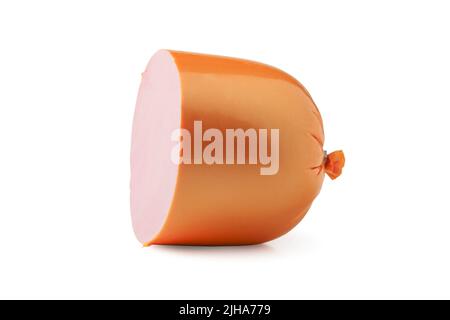 Sliced piece of boiled sausage isolated on white Stock Photo