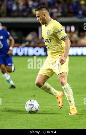 Las Vegas, NV, USA. 16th July, 2022. Club America forward Jonathan Rodriquez (11) in action during the FC Clash of Nations 2022 soccer match featuring Chelsea FC vs Club America at Allegiant Stadium in Las Vegas, NV. Chelsea FC defeated Club America 2 to 1. Christopher Trim/CSM/Alamy Live News Stock Photo