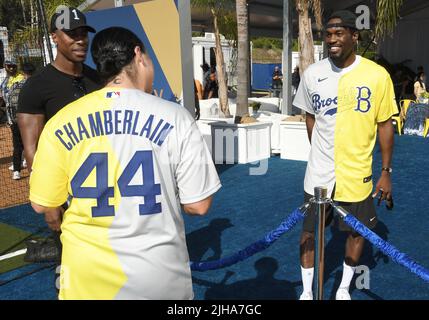 Los Angeles, USA. 16th July, 2022. (L-R) Lauren Chamberlain and Chloe Kim  at the 2022 MLB All-Star Celebrity Softball Game Media Availability held at  the 76 Station - Dodger Stadium Parking Lot