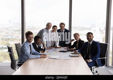 Happy successful diverse different aged team office portrait Stock Photo