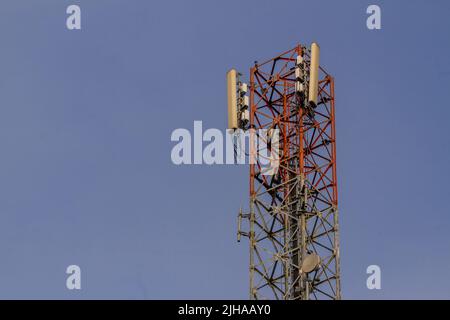A steel trust pole is used for wifi transceivers and telecommunication signals, technology continues to evolve Stock Photo