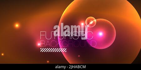 Shiny neon geometric abstract background. Glowing lights on round shapes, triangles and circles. Wallpaper for concept of AI technology, blockchain, c Stock Vector