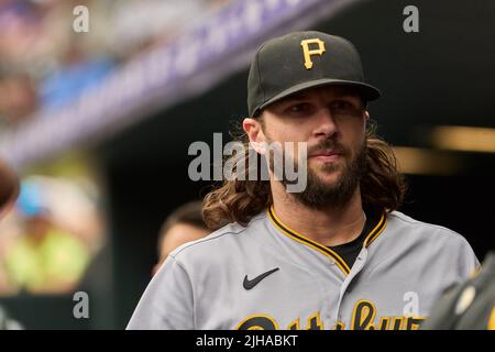 Denver CO, USA. 17th July, 2022. Pittsburgh center fielder Jake Marisnick  (41) gets a hit during the game with Pittsburgh Pirates and Colorado  Rockies held at Coors Field in Denver Co. David