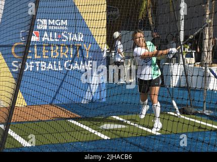 Los Angeles, USA. 16th July, 2022. (L-R) Lauren Chamberlain and Chloe Kim  at the 2022 MLB All-Star Celebrity Softball Game Media Availability held at  the 76 Station - Dodger Stadium Parking Lot