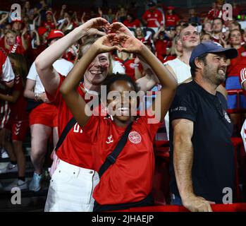 London, UK. 16th July, 2022. Danish fans during the UEFA Women's European Championship 2022 match at Brentford Community Stadium, London. Picture credit should read: David Klein/Sportimage Credit: Sportimage/Alamy Live News