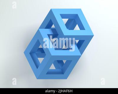 Abstract polygonal object. Two intersected blue cube frames placed over white wall background, isometric view, 3d rendering illustation Stock Photo