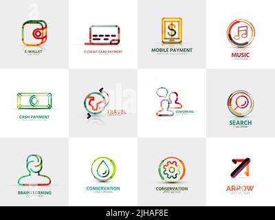 Vector collection of 12 company logos, business concepts. Wallet credit card mobile payment music cash travel coworking search brainstorming gear wate Stock Vector