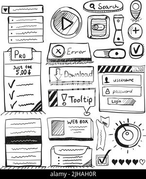 Hand drawn vector set of user interface design elements: buttons, icons, gui elements, ticks, switch, raiting, web boxes, tooltips, plan services, pla Stock Vector