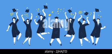 Graduation day! Group of multiracial graduates or students throwing graduation hats in the air celebrating. Vector Stock Vector
