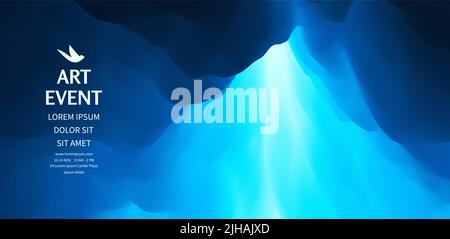 Art event invitation template. Sky with clouds. Sun rays bursting through the clouds. 3d vector Illustration for promotions or presentations. Stock Vector
