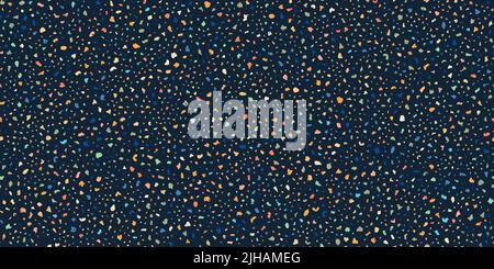 Marble pattern with terrazzo flooring seamless texture. Dark blue classic paving composed of pieces of granite, quartz, glass and stone. Abstract wall Stock Vector