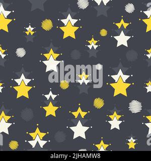 Vector dark grey yellow starry night sky kids seamless pattern background. Great for Textile, Fabric, wrapping, scrapbooks and packaging projects Stock Vector