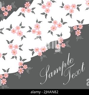 Elegant vector pink floral ditsy grey white wavy striped background corner border frame pattern background.Great for wedding and other types of cards Stock Vector