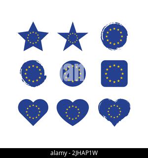Eu vector circle and heart flag set. European union dry brush and grunge effect stamp flags. Stock Vector