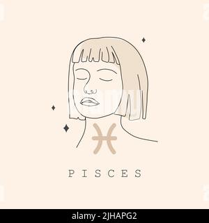 Pisces zodiac sign. One line drawing. Astrological icon with abstract woman face. Mystery and esoteric outline logo. Horoscope symbol. Linear vector Stock Vector