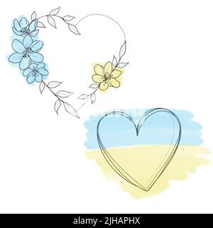 a set of sketches for a patriotic tattoo: flowers and hearts from the colors of the flag of ukraine . Flowers Periwinkle. Hand drawing. botany design Stock Photo