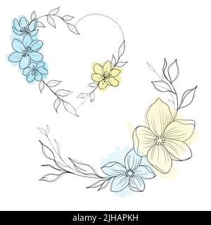 a set of sketches for a patriotic tattoo: flowers and hearts from the colors of the flag of ukraine . Flowers Periwinkle. Hand drawing. botany design Stock Photo