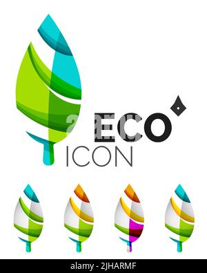 Set of abstract eco leaf icons, business logotype nature concepts, clean modern geometric design. Created with transparent abstract wave lines Stock Vector