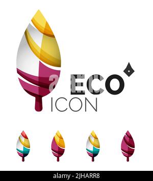 Set of abstract eco leaf icons, business logotype nature concepts, clean modern geometric design. Created with transparent abstract wave lines Stock Vector