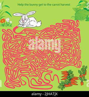 The maze is a puzzle where you need to help the hare get to the carrot. Stock Vector