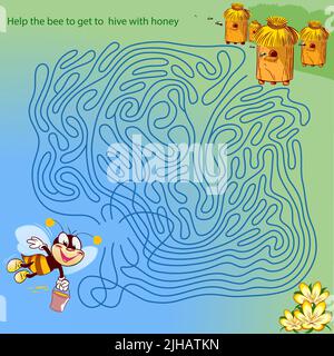 Puzzle labyrinth, where you need to help the bee with honey to get to his hive in the apiary. Stock Vector