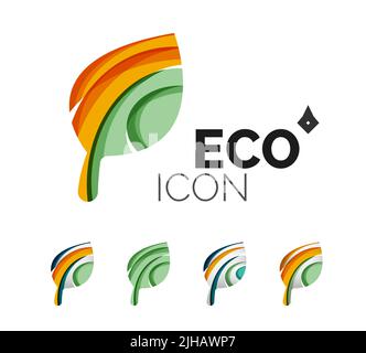 Set of abstract eco leaf icons, business logotype nature concepts, clean modern geometric design. Created with transparent abstract wave lines Stock Vector