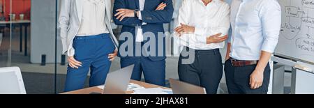 Portrait of diverse employees workers. Smiling success colleagues in modern office. Stock Photo
