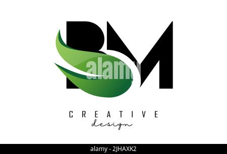 Vector illustration of abstract letters Bm b m with fire flames and Green swoosh design. Letters logo with creative cut and shape. Stock Vector