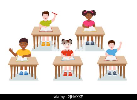 Primary school pupils sit at desk. Elementary education, children writing in copybook, raising hand to answer. Kids getting knowledge on lesson in cla Stock Vector