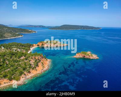 Aerial view over Chrisi Milia beach and the rocky surrounded area in Alonissos island, Sporades, Greece Stock Photo