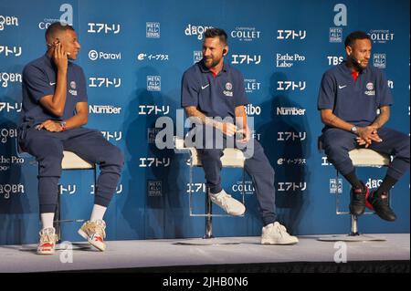 Tokyo, Japan. 17th July, 2022. Paris Saint-Germain forward Kylian Mbappe, Lionel Messi and Neymar Jr attend a press conference in Tokyo, Japan on Sunday, July 17, 2022. Paris Saint-Germain hold an event and friendly match in Japan on July 18 to 25. Photo by Keizo Mori/UPI Credit: UPI/Alamy Live News Stock Photo