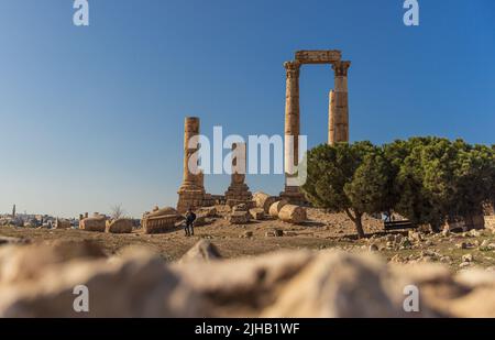 Roman ruins in the middle of the ancient citadel park in the center of Amman, Jordan Stock Photo