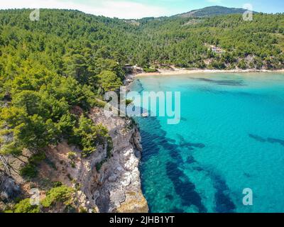 Aerial view over Chrisi Milia beach and the rocky surrounded area in Alonissos island, Sporades, Greece Stock Photo