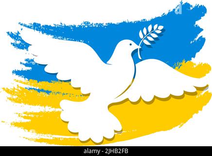 Flying white dove with an olive branch in its beak against the background of the blue-yellow flag of Ukraine. Peace symbol, anti war vector template Stock Vector