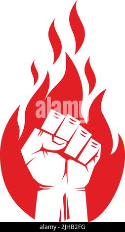 Silhouette of clenched fist of raised hand against the background of  flame. Vector on transparent background Stock Vector