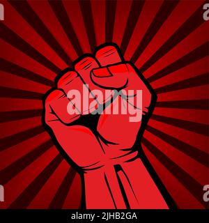 Fist male hand, symbol of the proletarian revolution. Red propaganda. Sign of anger, strength, protest, fight. Illustration, vector Stock Vector