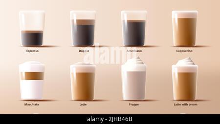 Collection of coffee types in glass cup, cappuccino, espresso and latte, 3d render graphic Stock Vector