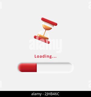 3d illustration of 3d loading bar with glass sand clock icon, red and white colors Stock Vector