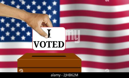 hend hold I voted paper isolated on blur American flag. concept full image for American elections. Stock Photo