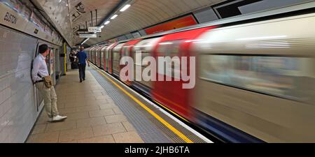 Moving Northern Line tube train, at Euston station interchange, North London, England, UK Stock Photo