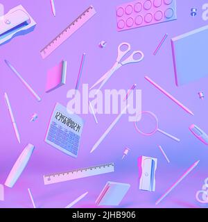 Creative back to school concept on neon purple background. All school supplies for students. Pencils, notebooks, ruler, books, scissors. Stock Photo