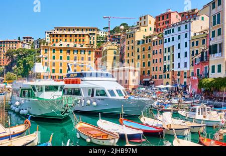 Camogli, Genoa, Italy - July 3, 2019: Boats in the harbour in Camogli, Liguria Stock Photo
