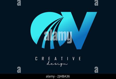 Creative blue letter OV o v logo with leading lines and road concept design. Letters with geometric design. Vector Illustration with letter and creati Stock Vector