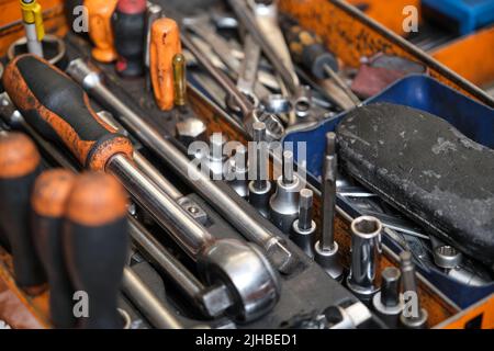 Toolset with ring spanners, screwdrivers, wrenches, bit socket set. Stock Photo